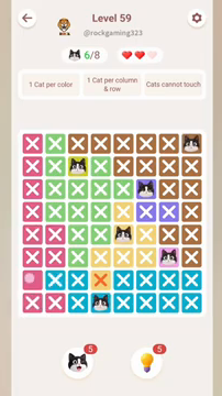 Meowdoku Level 59 step 6 screenshot showing the cat placement at D8 with 6 of 8 cats visible on the board.