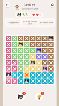 Meowdoku Level 59 step 7 screenshot showing the cat placement at A7 with 7 of 8 cats visible on the board.