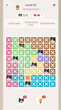 Meowdoku Level 59 step 8 screenshot showing the cat placement at B4 with 8 of 8 cats visible on the board.