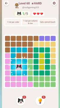Meowdoku Level 60 step 1 screenshot showing the cat placement at C6 with 1 of 9 cats visible on the board.