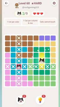 Meowdoku Level 60 step 2 screenshot showing the cat placement at G5 with 2 of 9 cats visible on the board.