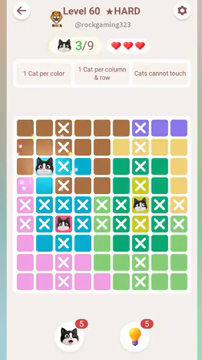 Meowdoku Level 60 step 3 screenshot showing the cat placement at B3 with 3 of 9 cats visible on the board.
