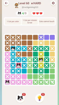 Meowdoku Level 60 step 4 screenshot showing the cat placement at A9 with 4 of 9 cats visible on the board.