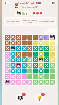 Meowdoku Level 60 step 5 screenshot showing the cat placement at I1 with 5 of 9 cats visible on the board.