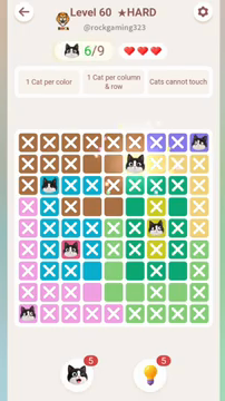 Meowdoku Level 60 step 6 screenshot showing the cat placement at F2 with 6 of 9 cats visible on the board.