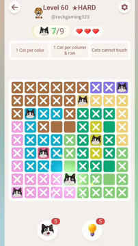 Meowdoku Level 60 step 7 screenshot showing the cat placement at E8 with 7 of 9 cats visible on the board.