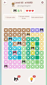 Meowdoku Level 60 step 8 screenshot showing the cat placement at D4 with 8 of 9 cats visible on the board.