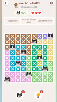 Meowdoku Level 60 step 9 screenshot showing the cat placement at H7 with 9 of 9 cats visible on the board.