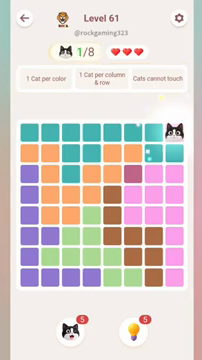 Meowdoku Level 61 step 1 screenshot showing the cat placement at H1 with 1 of 8 cats visible on the board.