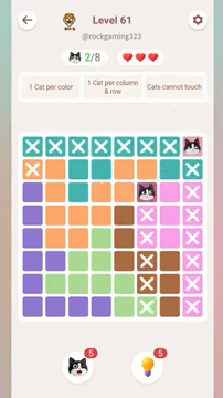 Meowdoku Level 61 step 2 screenshot showing the cat placement at F3 with 2 of 8 cats visible on the board.