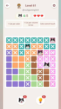 Meowdoku Level 61 step 4 screenshot showing the cat placement at G5 with 4 of 8 cats visible on the board.