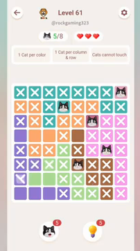 Meowdoku Level 61 step 5 screenshot showing the cat placement at E6 with 5 of 8 cats visible on the board.