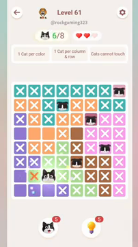 Meowdoku Level 61 step 6 screenshot showing the cat placement at C7 with 6 of 8 cats visible on the board.