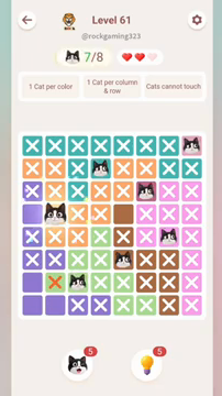 Meowdoku Level 61 step 7 screenshot showing the cat placement at B4 with 7 of 8 cats visible on the board.