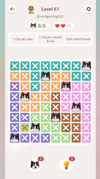 Meowdoku Level 61 step 8 screenshot showing the cat placement at A8 with 8 of 8 cats visible on the board.
