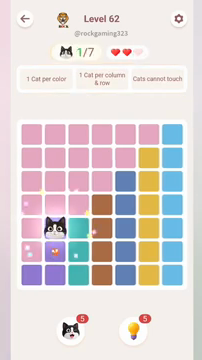 Meowdoku Level 62 step 1 screenshot showing the cat placement at B5 with 1 of 7 cats visible on the board.