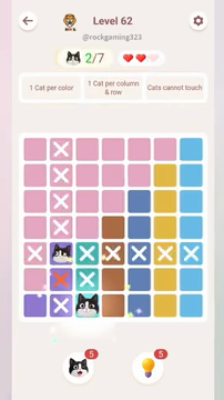 Meowdoku Level 62 step 2 screenshot showing the cat placement at C7 with 2 of 7 cats visible on the board.