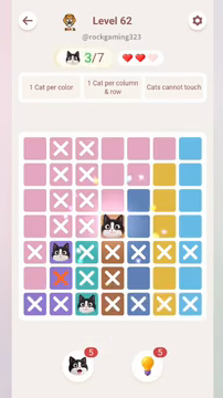 Meowdoku Level 62 step 3 screenshot showing the cat placement at D4 with 3 of 7 cats visible on the board.