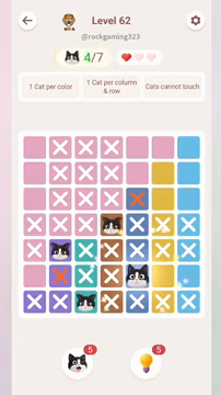 Meowdoku Level 62 step 4 screenshot showing the cat placement at E6 with 4 of 7 cats visible on the board.