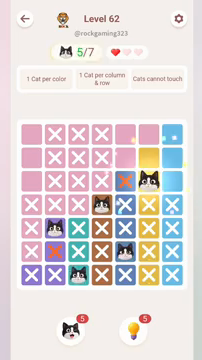Meowdoku Level 62 step 5 screenshot showing the cat placement at F3 with 5 of 7 cats visible on the board.