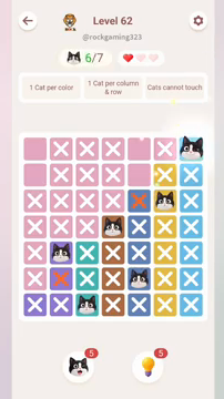 Meowdoku Level 62 step 6 screenshot showing the cat placement at G1 with 6 of 7 cats visible on the board.