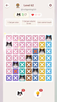 Meowdoku Level 62 step 7 screenshot showing the cat placement at A2 with 7 of 7 cats visible on the board.