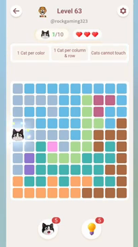 Meowdoku Level 63 step 1 screenshot showing the cat placement at A5 with 1 of 10 cats visible on the board.