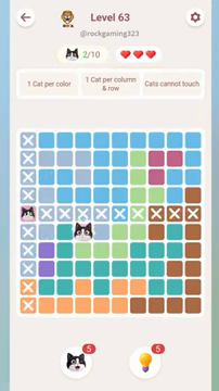 Meowdoku Level 63 step 2 screenshot showing the cat placement at D6 with 2 of 10 cats visible on the board.