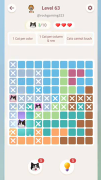Meowdoku Level 63 step 3 screenshot showing the cat placement at B8 with 3 of 10 cats visible on the board.