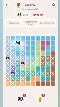 Meowdoku Level 63 step 4 screenshot showing the cat placement at C2 with 4 of 10 cats visible on the board.
