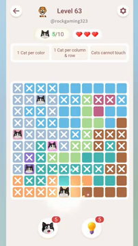 Meowdoku Level 63 step 5 screenshot showing the cat placement at E10 with 5 of 10 cats visible on the board.