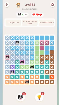 Meowdoku Level 63 step 6 screenshot showing the cat placement at F7 with 6 of 10 cats visible on the board.