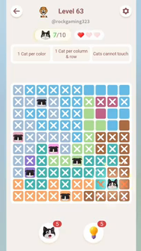 Meowdoku Level 63 step 7 screenshot showing the cat placement at I9 with 7 of 10 cats visible on the board.