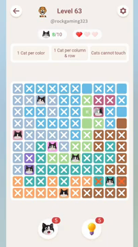 Meowdoku Level 63 step 8 screenshot showing the cat placement at H3 with 8 of 10 cats visible on the board.