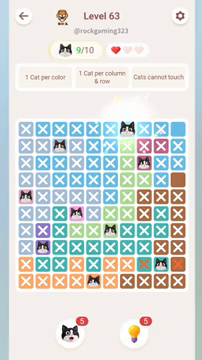 Meowdoku Level 63 step 9 screenshot showing the cat placement at G1 with 9 of 10 cats visible on the board.