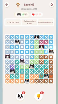 Meowdoku Level 63 step 10 screenshot showing the cat placement at J4 with 10 of 10 cats visible on the board.