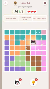 Meowdoku Level 64 step 1 screenshot showing the cat placement at F3 with 1 of 8 cats visible on the board.