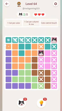 Meowdoku Level 64 step 2 screenshot showing the cat placement at H1 with 2 of 8 cats visible on the board.