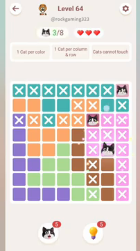 Meowdoku Level 64 step 3 screenshot showing the cat placement at G5 with 3 of 8 cats visible on the board.