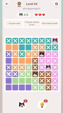 Meowdoku Level 64 step 4 screenshot showing the cat placement at E6 with 4 of 8 cats visible on the board.