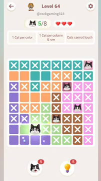 Meowdoku Level 64 step 5 screenshot showing the cat placement at C7 with 5 of 8 cats visible on the board.
