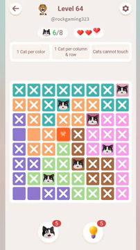 Meowdoku Level 64 step 6 screenshot showing the cat placement at D2 with 6 of 8 cats visible on the board.
