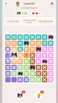 Meowdoku Level 64 step 7 screenshot showing the cat placement at B4 with 7 of 8 cats visible on the board.