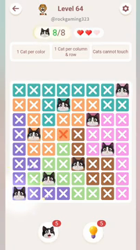 Meowdoku Level 64 step 8 screenshot showing the cat placement at A8 with 8 of 8 cats visible on the board.