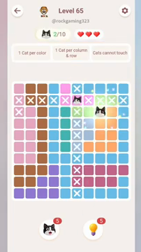 Meowdoku Level 65 step 2 screenshot showing the cat placement at H3 with 2 of 10 cats visible on the board.