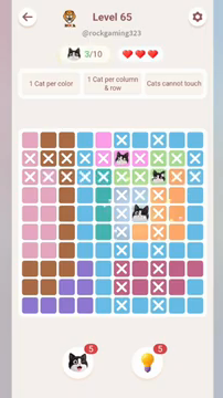 Meowdoku Level 65 step 3 screenshot showing the cat placement at G5 with 3 of 10 cats visible on the board.