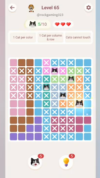 Meowdoku Level 65 step 5 screenshot showing the cat placement at I6 with 5 of 10 cats visible on the board.