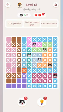Meowdoku Level 65 step 6 screenshot showing the cat placement at J8 with 6 of 10 cats visible on the board.