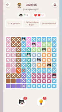 Meowdoku Level 65 step 7 screenshot showing the cat placement at D1 with 7 of 10 cats visible on the board.