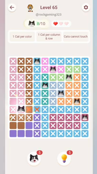 Meowdoku Level 65 step 8 screenshot showing the cat placement at B7 with 8 of 10 cats visible on the board.